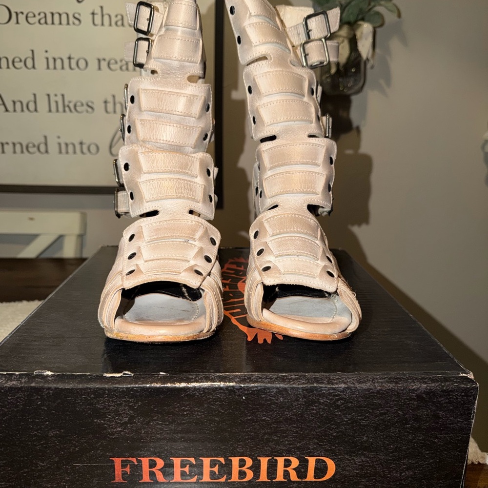 freebird Peep-Toe Strappy Knee-High Heeled Boots in Light Beige